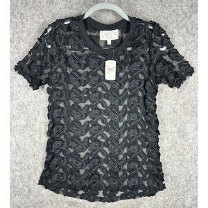 JOA Los Angeles Sheer Lace Floral Top Womens Small Black Short Sleeve NWT